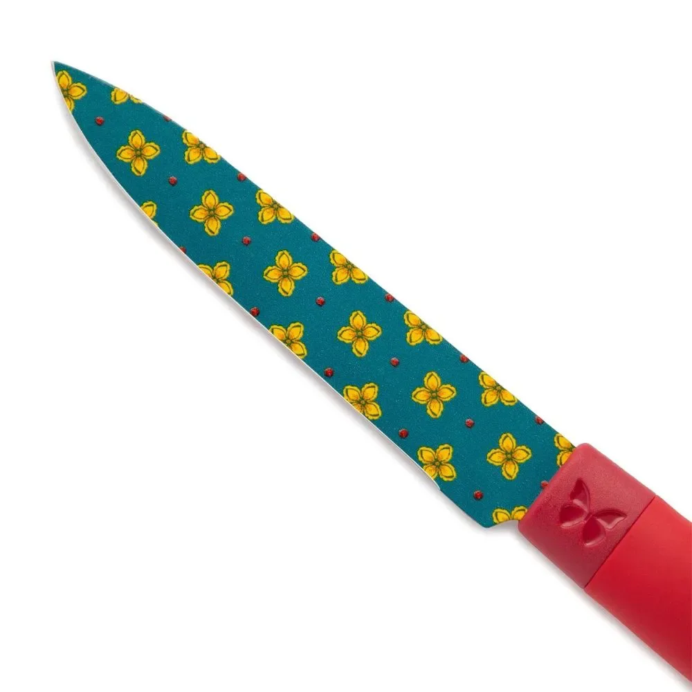 Pioneer Woman Blooming Bouquet Stainless Steel Knife 3Pc Set W Sheath Floral Red